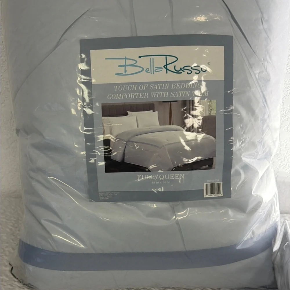 Bella Russo Satin Comforter Light Blue with Blue Trim Matching Queen Sheet Set